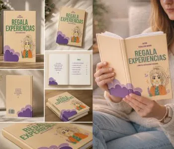 Libro «Regala experiencias»: la portada con una mujer ilustrada, el libro abierto y una lectora en el sofá.