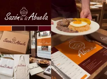 Identidad de La Sazón de la Abuela: el logo con el rostro de una abuela, en vino y naranja, sobre empaques, delantal, menú y un plato servido.