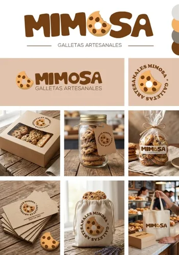 Identidad de Mimosa, galletas artesanales: el logo con una galleta mordida, en cajas, frascos, bolsas y tarjetas.