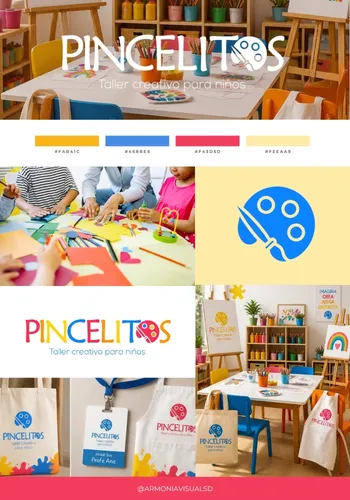 Identidad de Pincelitos, taller creativo para niños: el logo con una paleta de pintor, sus colores y niños pintando en el taller.
