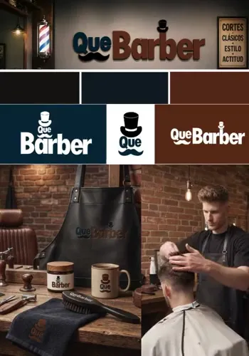Identidad de Que Barber: el logo con sombrero de copa y bigote, su paleta y su uso en el letrero, un delantal, una taza y la barbería.