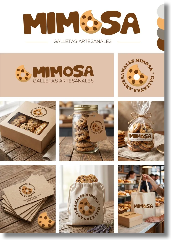 Identidad de marca para Mimosa, galletas artesanales: logotipo, sello y aplicaciones en empaques, frascos y bolsas.
