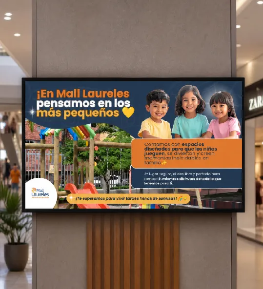 Pantalla en un pasillo de Mall Laureles con la pieza «En Mall Laureles pensamos en los más pequeños»: tres niños sonrientes junto al parque infantil.