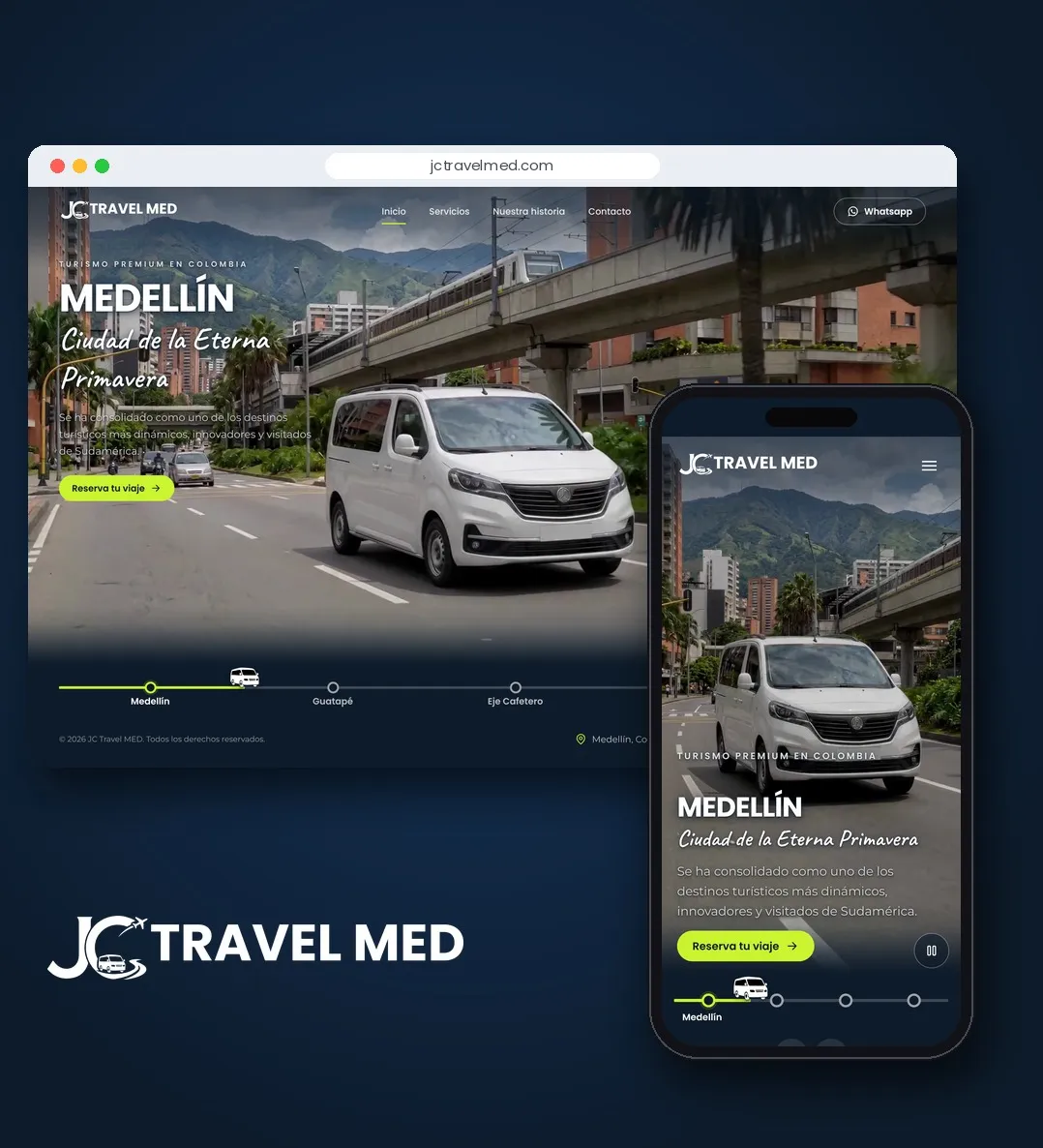 La web de JC Travel Med abierta en un celular: la camioneta blanca de la agencia bajo el título «Medellín, ciudad de la eterna primavera».