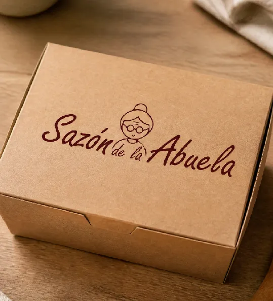 Caja de comida en cartón kraft con el logo de Sazón de la Abuela, el rostro de una abuela entre las letras, en vino.