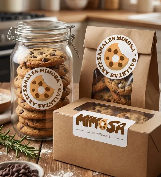 Galletas Mimosa en un frasco de vidrio, una bolsa de papel y una caja con ventana, cada uno con la etiqueta de la galleta mordida.