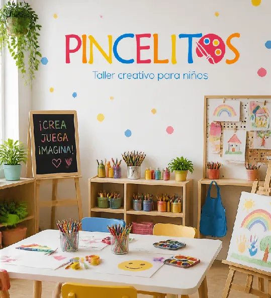El taller de Pincelitos: el logo de colores en la pared, un tablero que dice «¡Crea, juega, imagina!», mesas con lápices y dibujos de arcoíris.