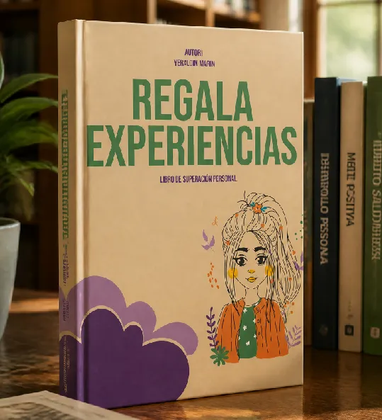 El libro «Regala experiencias» de pie en una biblioteca: título en verde y una joven ilustrada sobre la portada color arena.