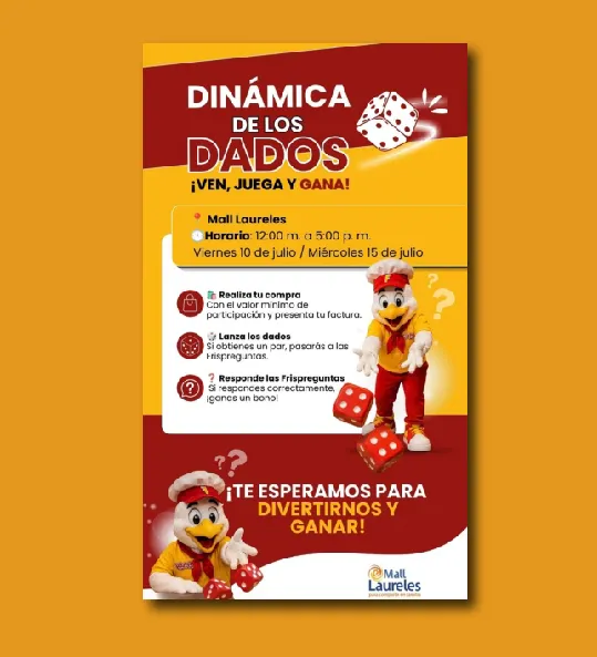 Historia de Mall Laureles «Dinámica de los dados»: la mascota, un pollo con gorro de chef, lanza dados junto al horario y los tres pasos para participar.