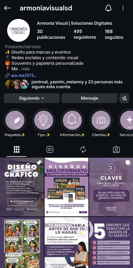 Perfil de Instagram de Armonía Visual en un teléfono, con su cuadrícula de publicaciones.