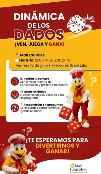 Publicación de Mall Laureles para redes: la dinámica de los dados, con su mascota y los pasos para participar.