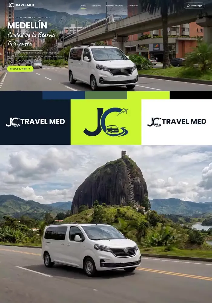 Tablero animado de JC Travel Med: la portada de su web, con la camioneta blanca en Medellín; la paleta y el logo en tres versiones; y la camioneta recorriendo Guatapé, el Eje Cafetero, el aeropuerto y Medellín.
